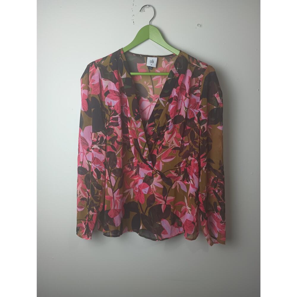 Cabi Mia Blouse Sheer Long sleeved Top Pink Gold Floral print Medium Women Shirt